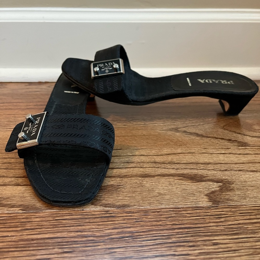 Prada Black Fabric Tessuto Kitten Heel Slide Sandals